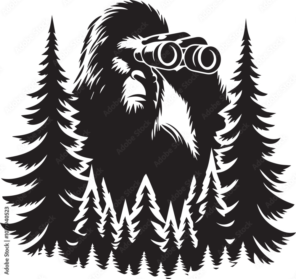 Obraz premium Bigfoot silhouette with binoculars peeking through trees