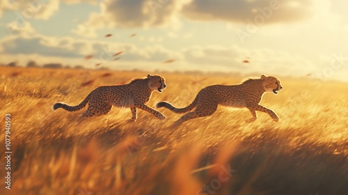 Two cheetahs run through tall grass at sunset, with the golden light illuminating their sleek bodies.