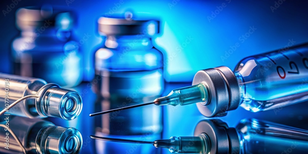 Closeup of Syringe Needle Piercing a Medical Glass Bottle in Blue Tones, Illustrating Healthcare Research and Development for Macro Photography Closeup of Syringe Needle Piercing a Medical Glass Bottle in Blue Tones, Illustrating Healthcare Research and Development for Macro Photography