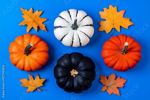 Three pumpkins, one black, one orange, and one white and black striped, with fall leaves on a blue background. photo