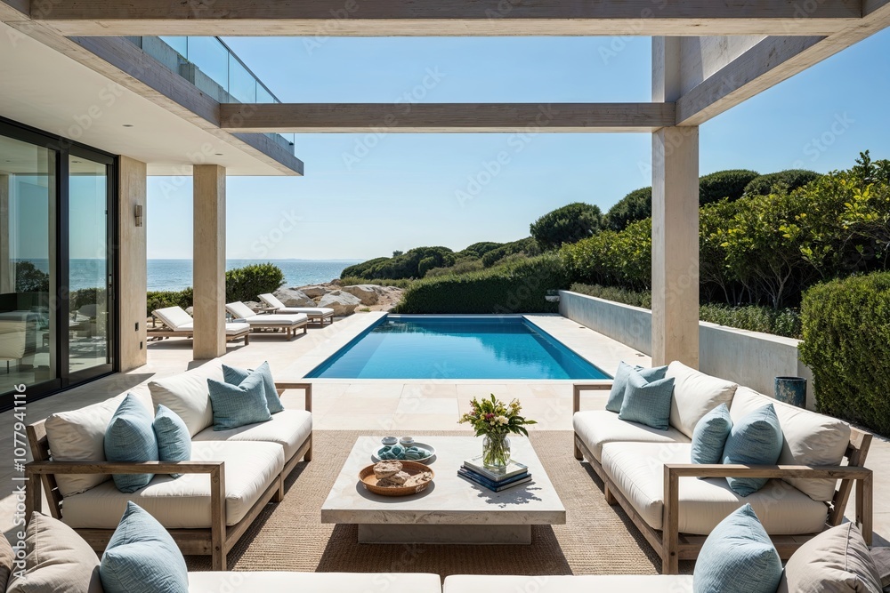 Fototapeta premium Luxurious Beachfront Property with Stylish Coastal Living Area Pool and Terrace