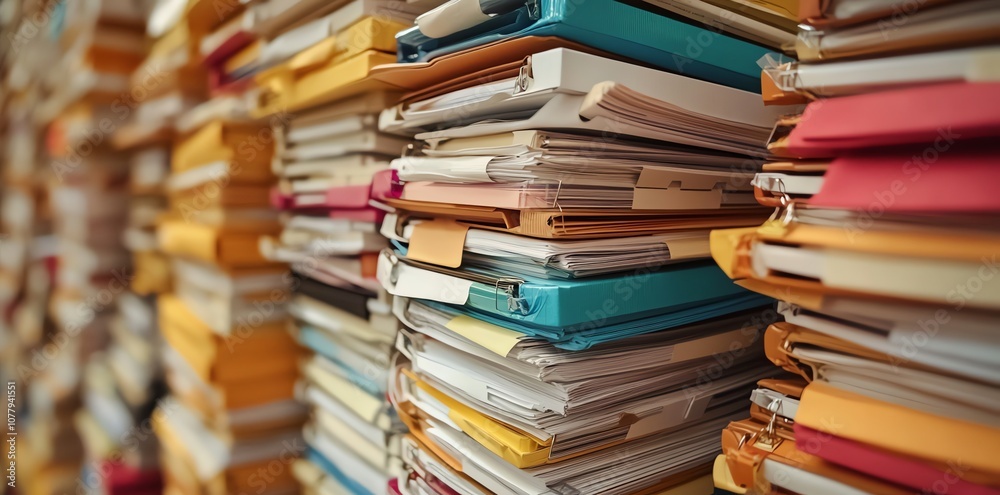 A large stack of files in binders. A large stack of files in binders.