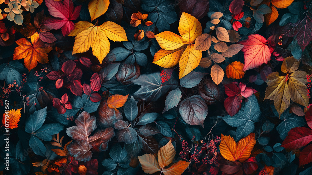 Fototapeta premium Colorful assortment of autumn leaves in vibrant shades covering a dark background