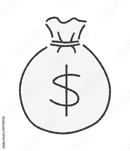 通貨記号の$とお金の入った袋のイラスト - 手書きのシンプルなドルでの貯金や利益のイメージ素材