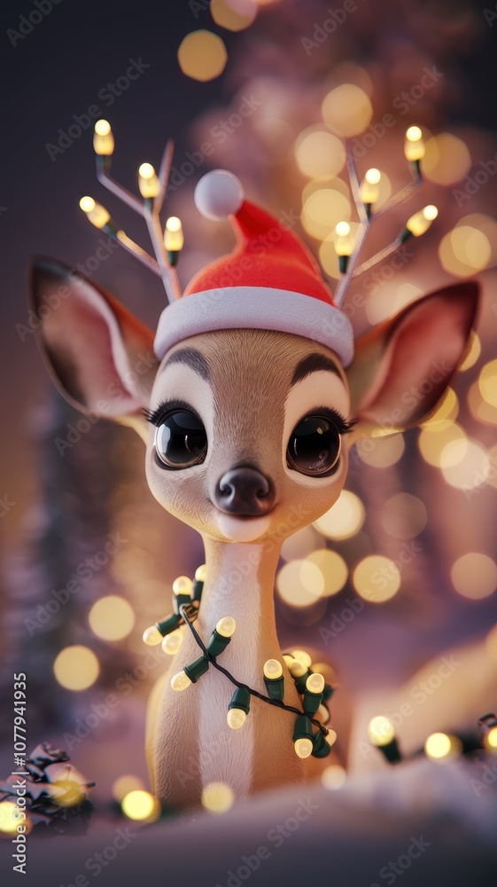 3D Holiday-Themed Fawn Character with Santa Hat and Large Expressive Eyes 3D Holiday-Themed Fawn Character with Santa Hat and Large Expressive Eyes