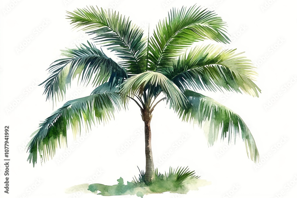 Fototapeta premium A watercolor painting of a palm tree with green leaves on a white background.