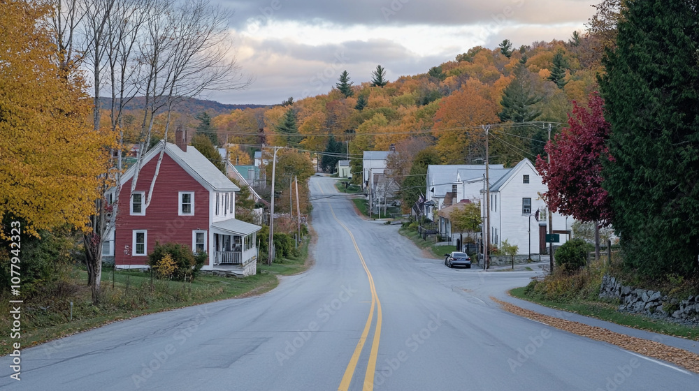 Autumn afternoon in a quaint rural town with colorful foliage lining the street Autumn afternoon in a quaint rural town with colorful foliage lining the street