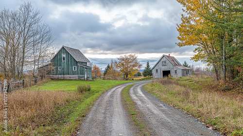 Rustic dirt road leading to two vintage barns amidst autumn foliage and cloudy skies