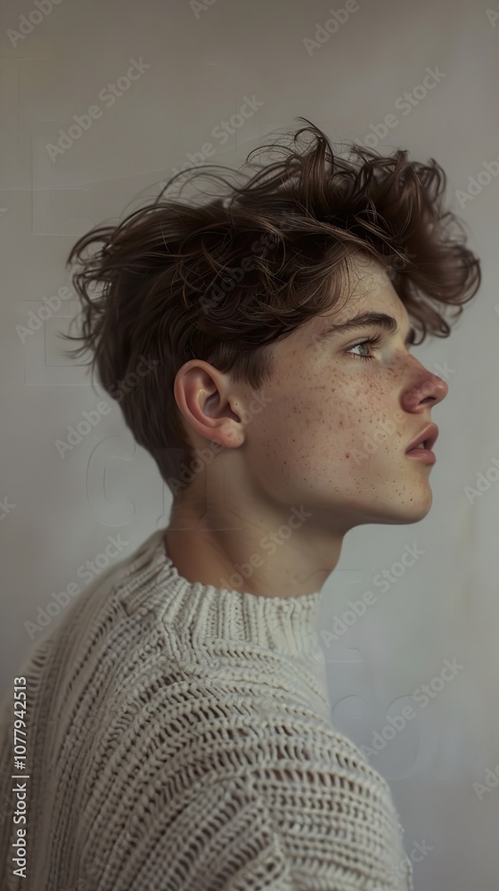Portrait of a Young Man with Freckles Looking Away in a Casual Sweater Portrait of a Young Man with Freckles Looking Away in a Casual Sweater