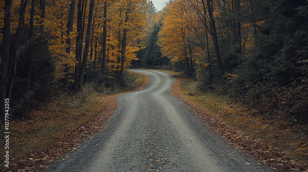 Winding gravel road surrounded by autumn foliage in a serene forest setting Winding gravel road surrounded by autumn foliage in a serene forest setting