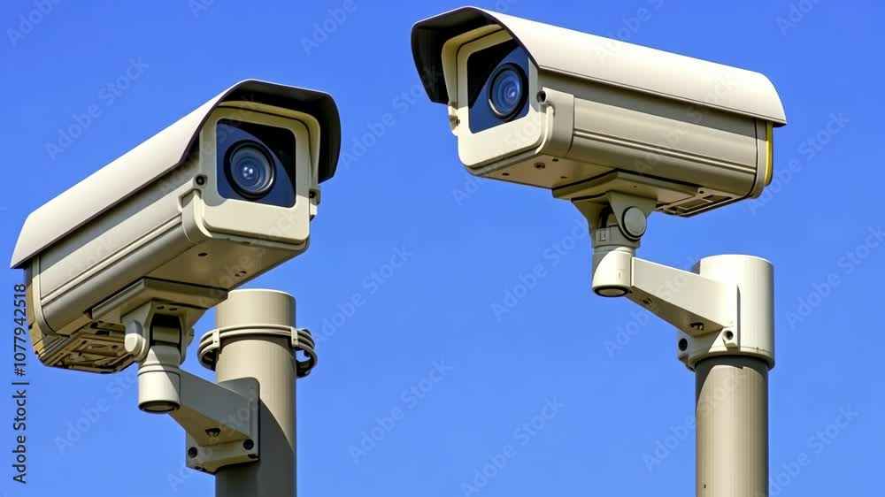 Two security cameras are mounted on poles against a clear blue sky Two security cameras are mounted on poles against a clear blue sky