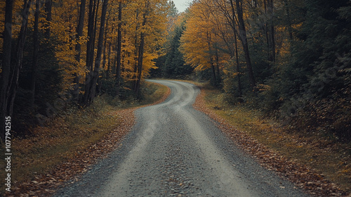 Winding gravel road surrounded by autumn foliage in a serene forest setting