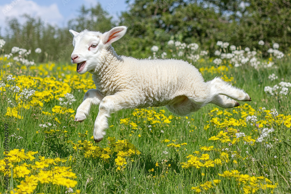 Obraz premium Young lamb frolicking in a green meadow