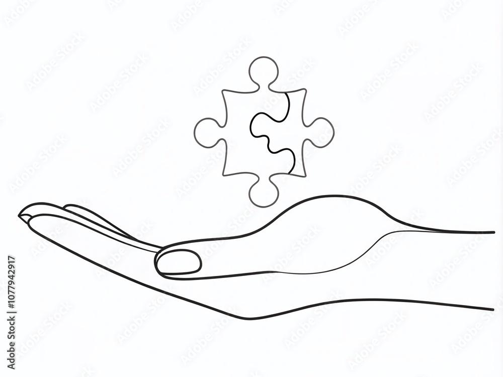 Continuous Line Drawing of a Hand Holding a Puzzle Piece as a Solution Concept for Problem-Solving in Modern Design, Ideal for Business and Creativity Themes Continuous Line Drawing of a Hand Holding a Puzzle Piece as a Solution Concept for Problem-Solving in Modern Design, Ideal for Business and Creativity Themes