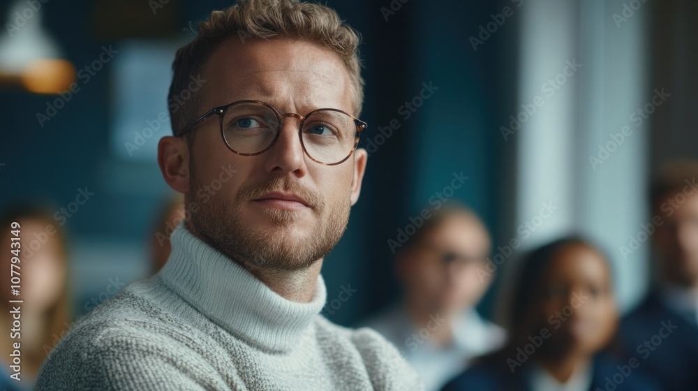 Fototapeta premium A thoughtful man in a sweater listens attentively in a group setting.