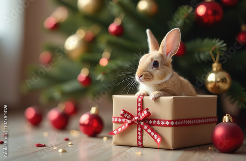 Adorable bunny in festive christmas gift box with ornaments and tree