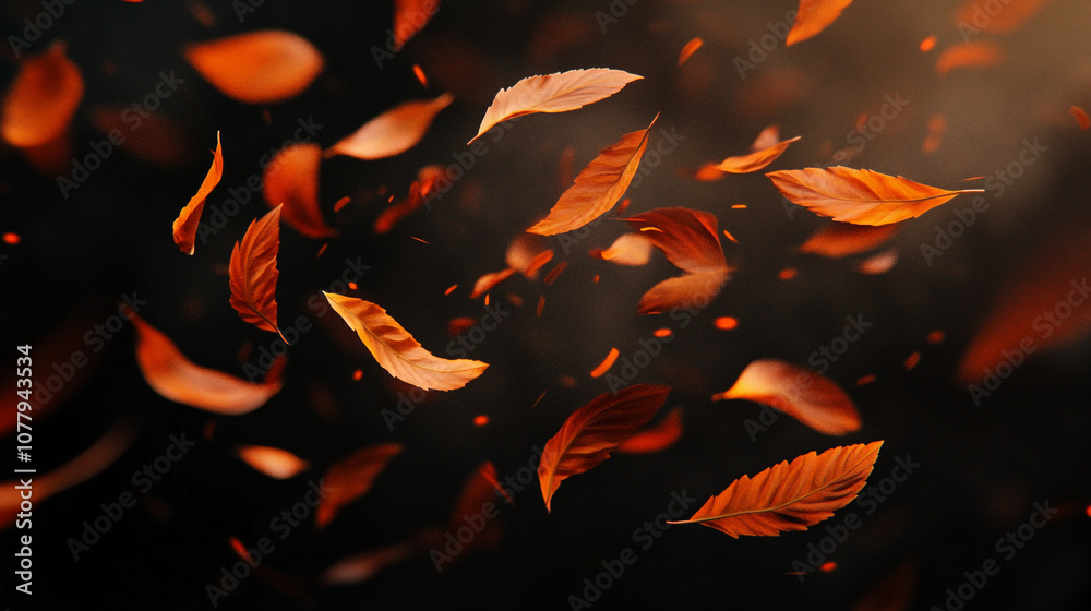 Autumn leaves twirling in the air against a dark background during a windy afternoon Autumn leaves twirling in the air against a dark background during a windy afternoon