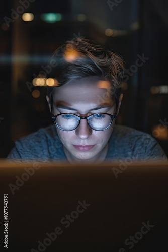 Person working late at night, lit only by the light of their laptop, surrounded by darkness photo