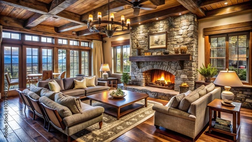 Cozy Stone Fireplace in a Warm Living Room with Rustic Decor, Perfect for Relaxation and Family Gatherings on a Cold Winter Evening