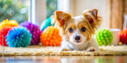 Cozy Small Dog Relaxing on Floor Beside Favorite Toy, Perfect for Pet Lovers, Home Decor, and Animal Enthusiasts, with Ample Copy Space for Text or Branding photo