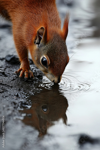 A squirrel drinking water from a dirty puddle in a polluted park photo