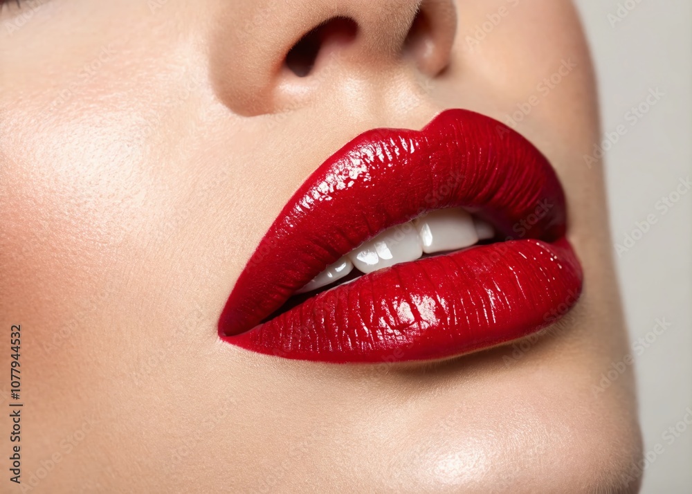 Fototapeta premium Cropped Image of Vibrant Red Lipstick Application Focused on Luxurious Texture and Glossy Finish for Beauty Product Photography