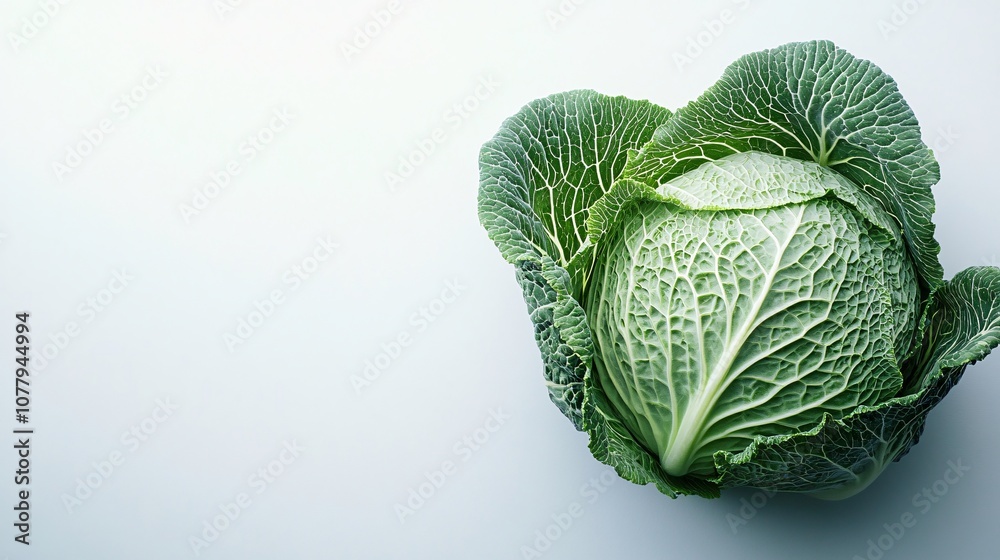 Fototapeta premium 80.A high-resolution image of a fresh Chinese cabbage placed on a white background with extensive copy space. The detailed veins and textures of the vibrant green leaves are captured, making it a