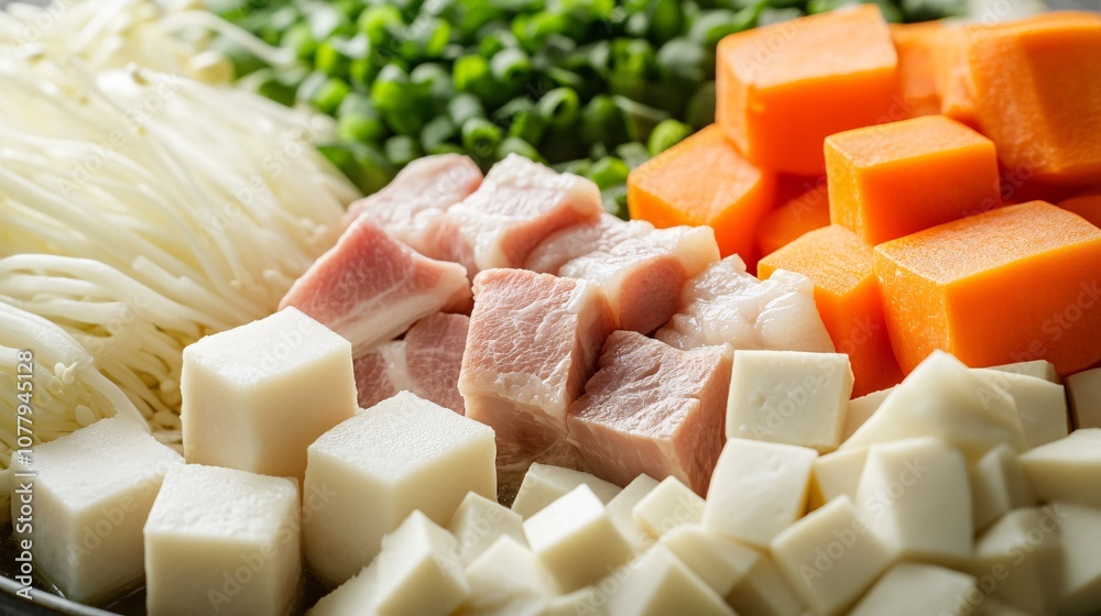 56.A close-up image of traditional ingredients used in tonjiru, the popular Japanese miso soup. The scene includes finely sliced Japanese green onion, white radish, burdock root, chunks of pork, 56.A close-up image of traditional ingredients used in tonjiru, the popular Japanese miso soup. The scene includes finely sliced Japanese green onion, white radish, burdock root, chunks of pork,