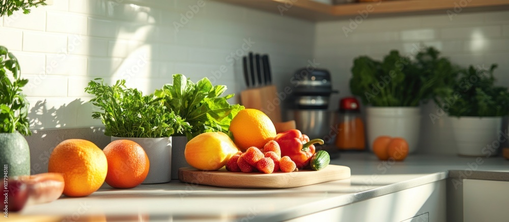 Fresh fruit and vegetables on kitchen counter with sunlight streaming in.