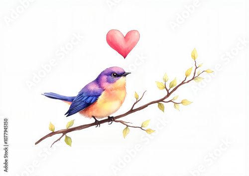 Colorful bird on branch with heart symbol above