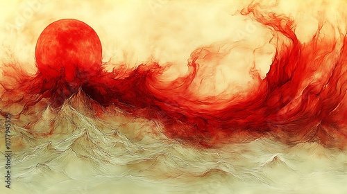 Abstract landscape with red sun and swirling smoke over mountains. photo