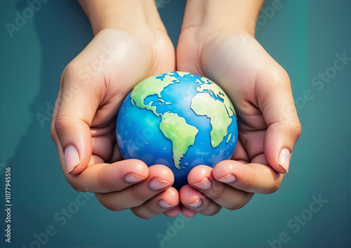 Hands holding small globe against blue background