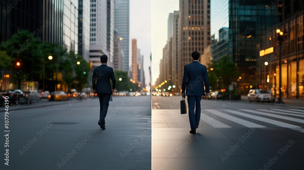 Professional man in a suit walking through a city street at dusk, showcasing urban lifestyle and career-focused mentality, with modern skyscrapers in the background. Professional man in a suit walking through a city street at dusk, showcasing urban lifestyle and career-focused mentality, with modern skyscrapers in the background.