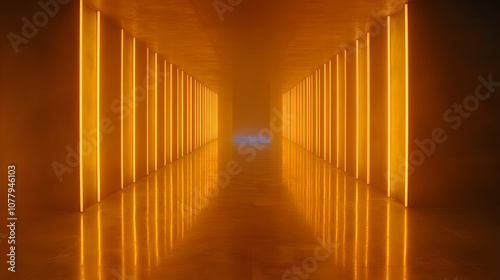 Abstract 3D Background: Bright Orange Neon Lights in a Long Corridor