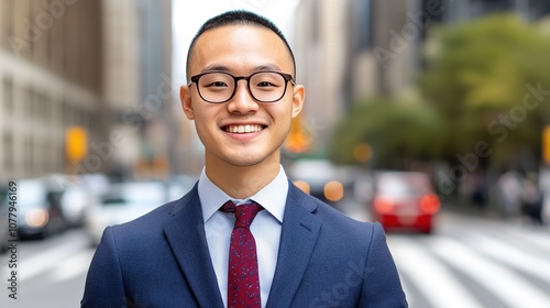 Confident Young Professional Standing on Busy City Street with Skyscrapers in the Background, Smiling While Wearing a Suit and Glasses During Daylight Hours