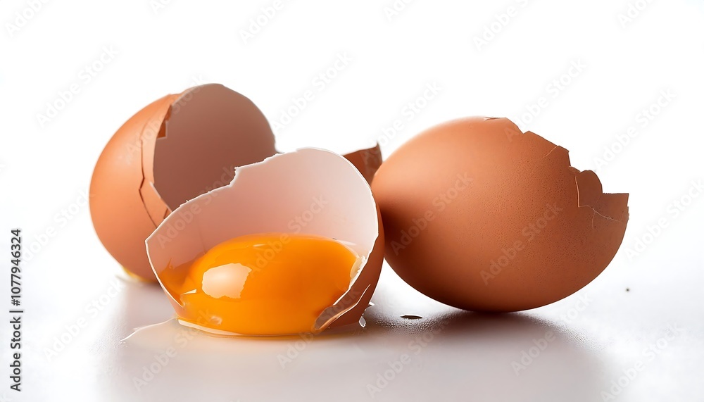 A cracked brown eggshell with a runny yolk, isolated on a white background A cracked brown eggshell with a runny yolk, isolated on a white background
