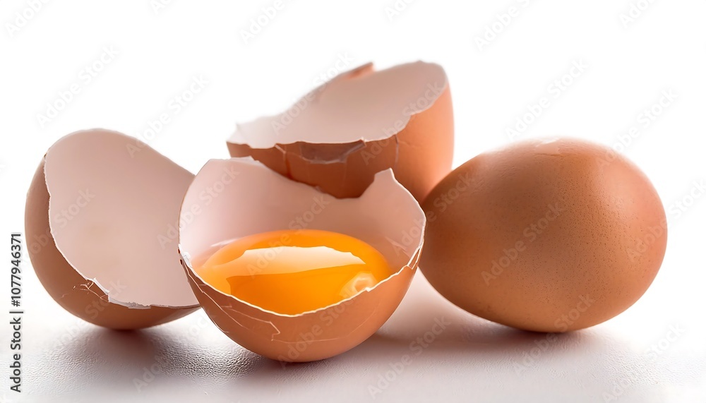 A cracked brown eggshell with a runny yolk, isolated on a white background A cracked brown eggshell with a runny yolk, isolated on a white background