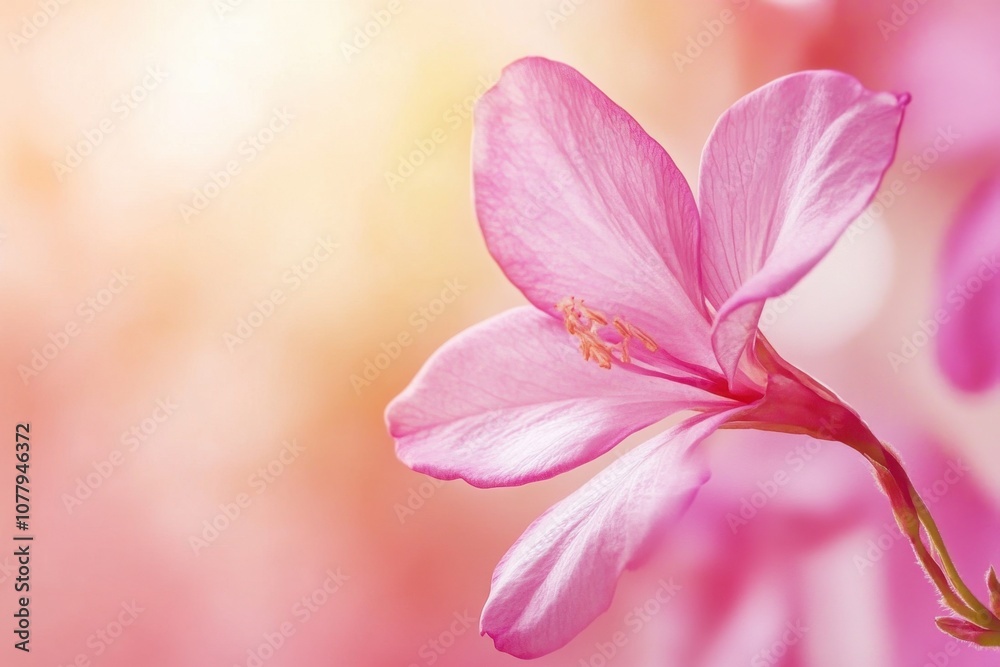 Fototapeta premium A delicate pink flower with soft petals blooms against a warm, blurred background.
