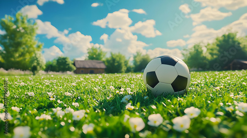 Soccer Ball on Green Grass Field with White Flowers - 3D Illustration