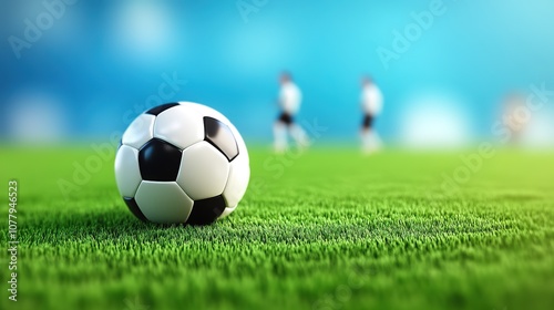 A close-up view of a classic black and white soccer ball on vibrant green grass, with blurred players in the background showcasing a lively soccer match atmosphere