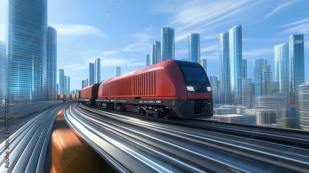 A red freight train speeding through a modern city on elevated tracks. A red freight train speeding through a modern city on elevated tracks.