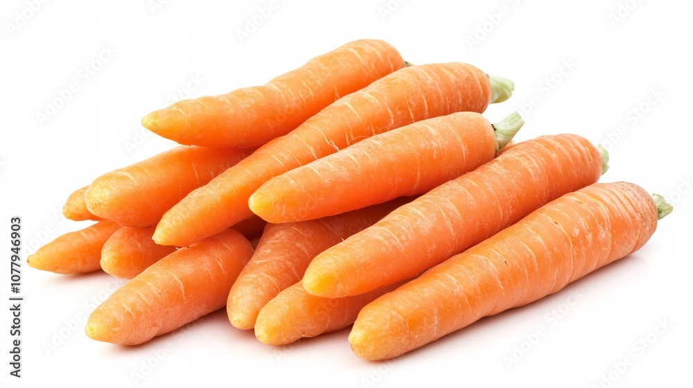 25.A small pile of baby carrots displayed on a white background. The bright orange carrots are neatly stacked, with their smooth surfaces and vibrant color creating a fresh, healthy image of this 25.A small pile of baby carrots displayed on a white background. The bright orange carrots are neatly stacked, with their smooth surfaces and vibrant color creating a fresh, healthy image of this