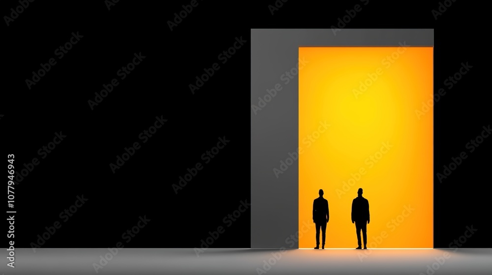 Obraz premium Two Silhouetted Figures Standing at the Entrance of a Bright Yellow Door Framed by Dark Surroundings, Representing Opportunity and Choices in Life