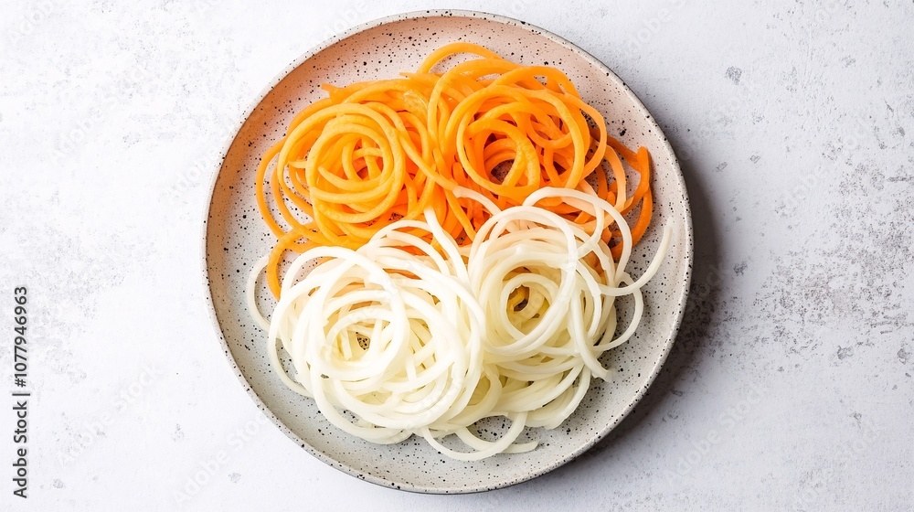 42.Thinly spiralized daikon radish and carrot noodles neatly arranged in a plate. The vibrant orange and white strands form a delicate salad, with their textures and colors complementing each other, 42.Thinly spiralized daikon radish and carrot noodles neatly arranged in a plate. The vibrant orange and white strands form a delicate salad, with their textures and colors complementing each other,