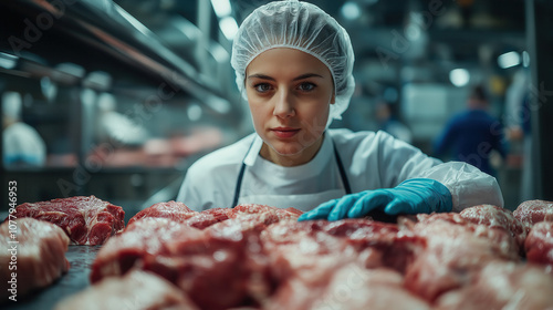 Woman inspecting fresh meat in industrial processing facility photo