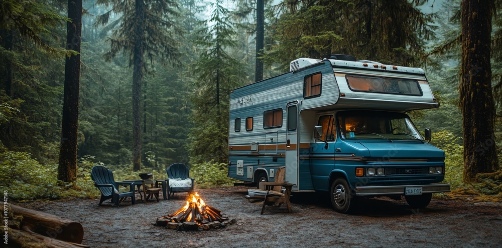 A blue RV is parked in a forest with a campfire in front of it and chairs around it.