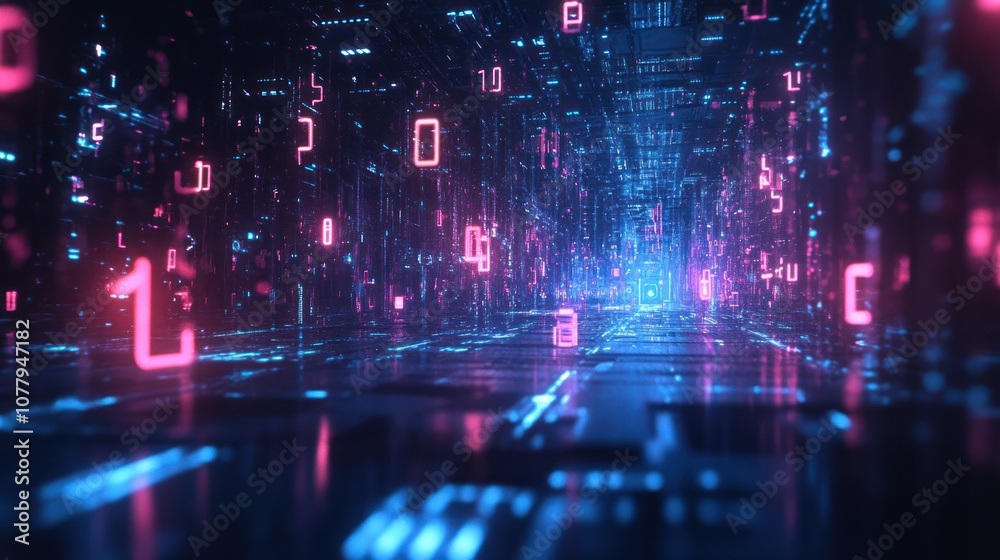 Fototapeta premium A digital landscape filled with glowing numbers, representing data flow and technology.