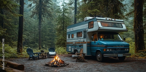 A blue RV is parked in a forest with a campfire in front of it and chairs around it.