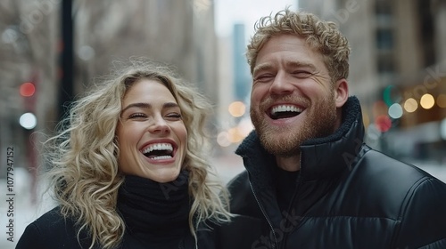 Happy Couple Laughing Together in Urban Setting Surrounded by Winter Cityscape with Soft Snow and Warm Light, Radiating Joy and Connection