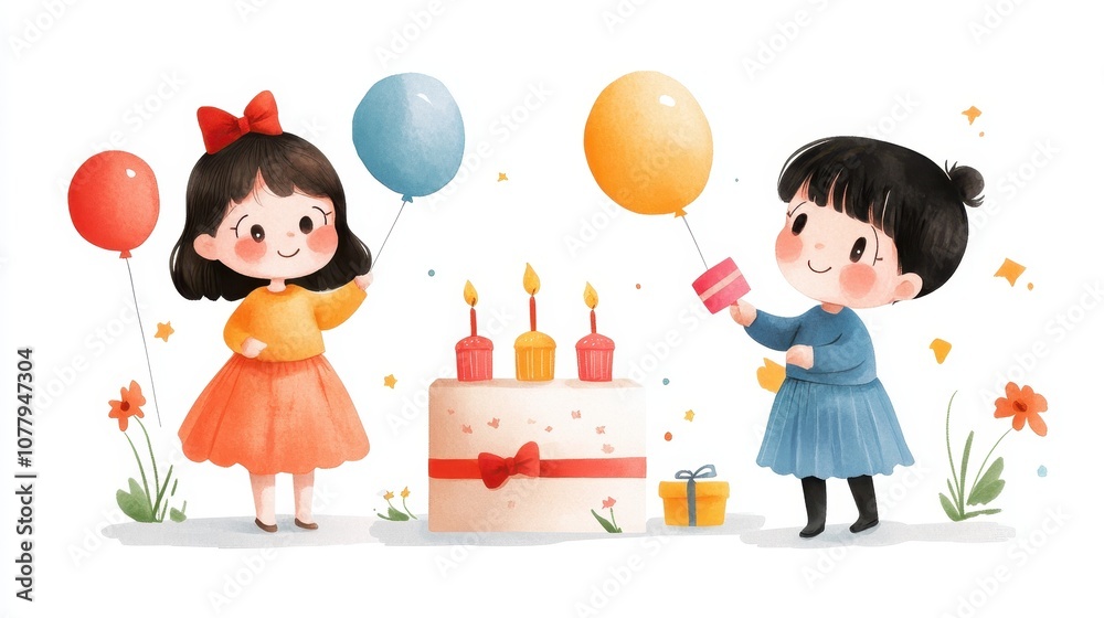 Two cheerful children celebrating a birthday with balloons and a cake, surrounded by flowers and festive decorations. Two cheerful children celebrating a birthday with balloons and a cake, surrounded by flowers and festive decorations.